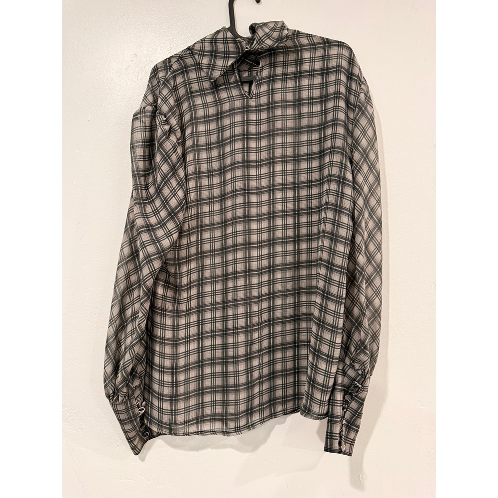 Herry Womens Grey Black Plaid High Neck Long Sleeve Blouse Button Cuff Size 42